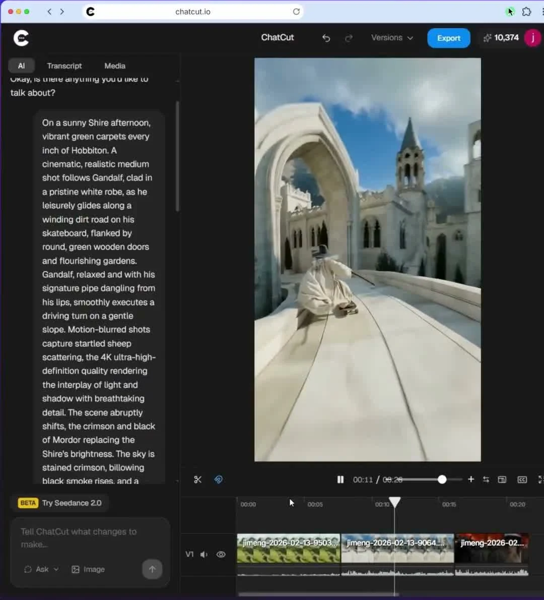 Cropped frame from ChatCut's February 2026 demo showing an AI prompt, a portrait generated scene, and three adjacent video clips on the timeline.